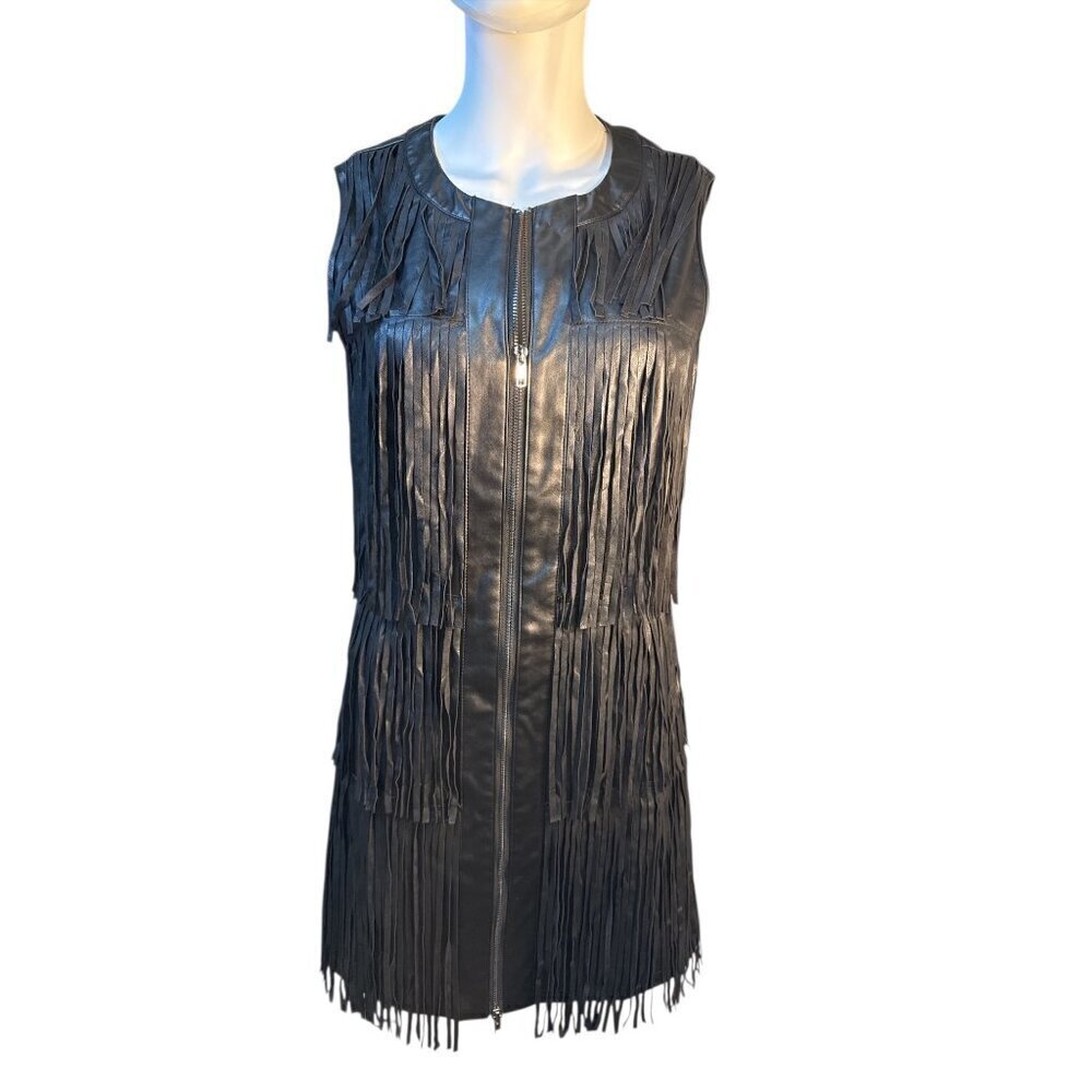 NY & CO Gabrielle Union Faux Leather Fringe Zip Up Dress Size Small, NWT